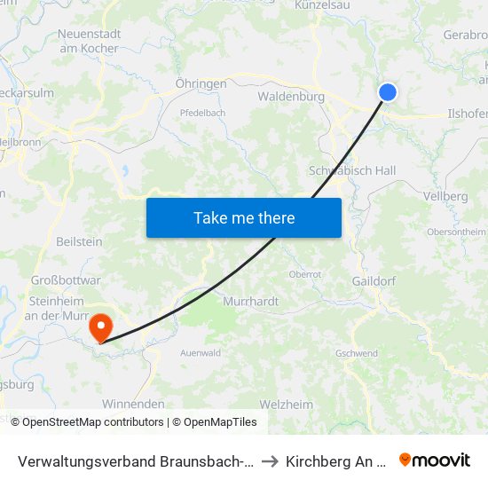 Verwaltungsverband Braunsbach-Untermünkheim to Kirchberg An Der Murr map