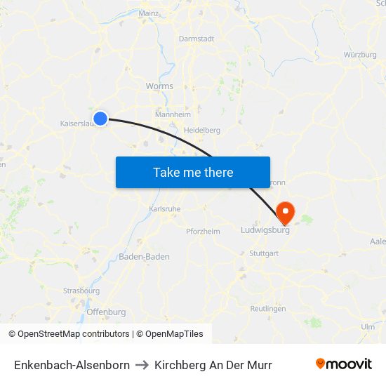 Enkenbach-Alsenborn to Kirchberg An Der Murr map