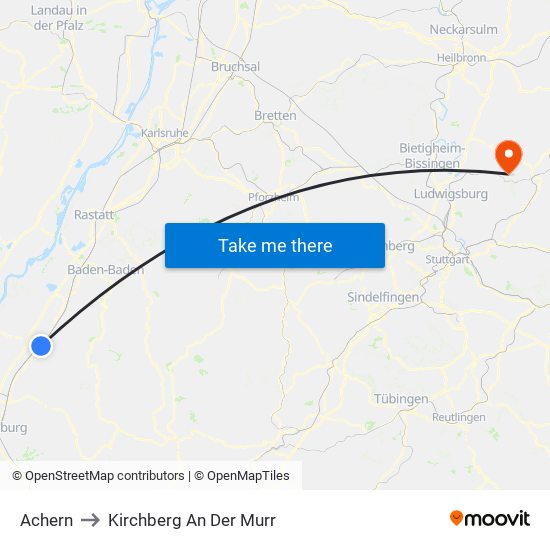 Achern to Kirchberg An Der Murr map