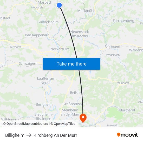 Billigheim to Kirchberg An Der Murr map