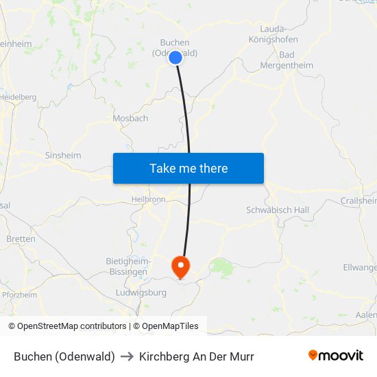 Buchen (Odenwald) to Kirchberg An Der Murr map