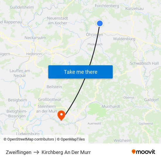 Zweiflingen to Kirchberg An Der Murr map