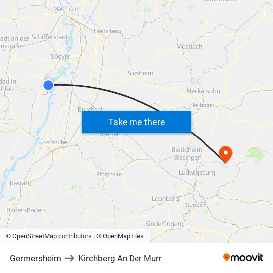 Germersheim to Kirchberg An Der Murr map