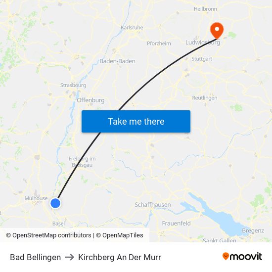 Bad Bellingen to Kirchberg An Der Murr map