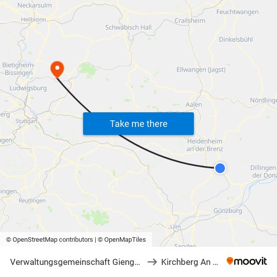 Verwaltungsgemeinschaft Giengen An Der Brenz to Kirchberg An Der Murr map