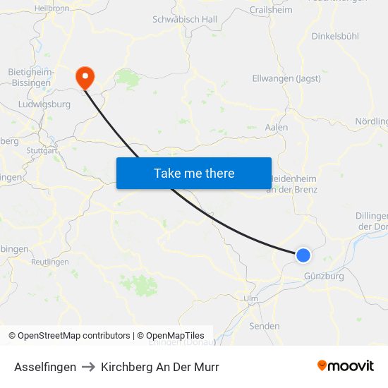 Asselfingen to Kirchberg An Der Murr map