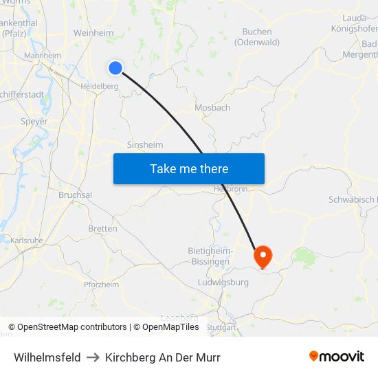 Wilhelmsfeld to Kirchberg An Der Murr map