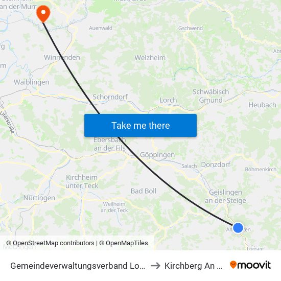 Gemeindeverwaltungsverband Lonsee-Amstetten to Kirchberg An Der Murr map