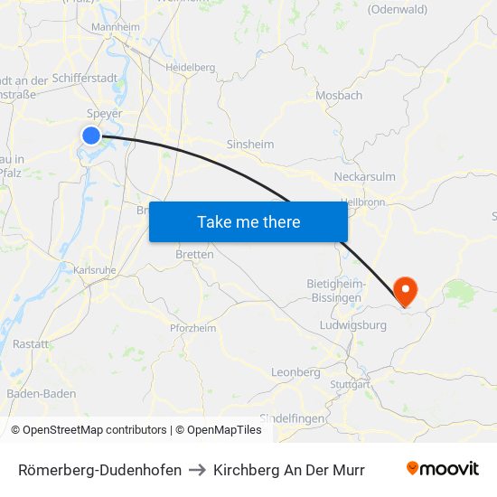 Römerberg-Dudenhofen to Kirchberg An Der Murr map