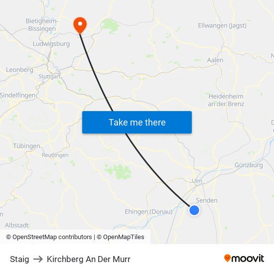 Staig to Kirchberg An Der Murr map