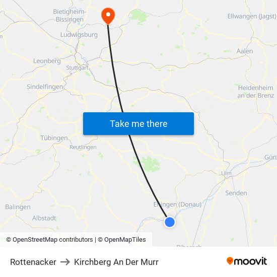 Rottenacker to Kirchberg An Der Murr map