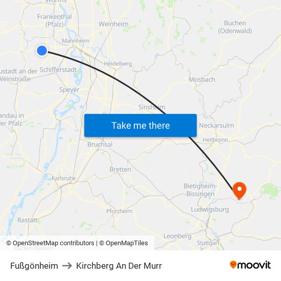 Fußgönheim to Kirchberg An Der Murr map