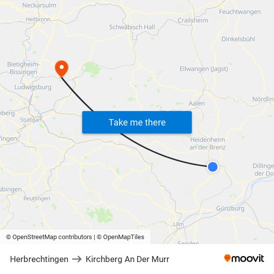 Herbrechtingen to Kirchberg An Der Murr map