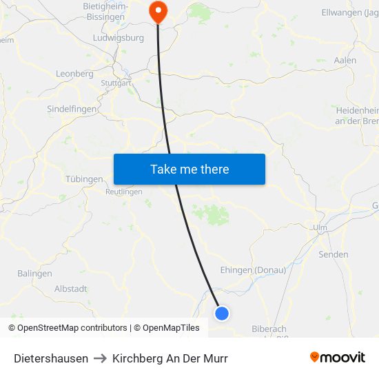 Dietershausen to Kirchberg An Der Murr map