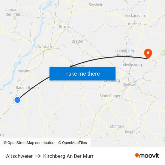 Altschweier to Kirchberg An Der Murr map