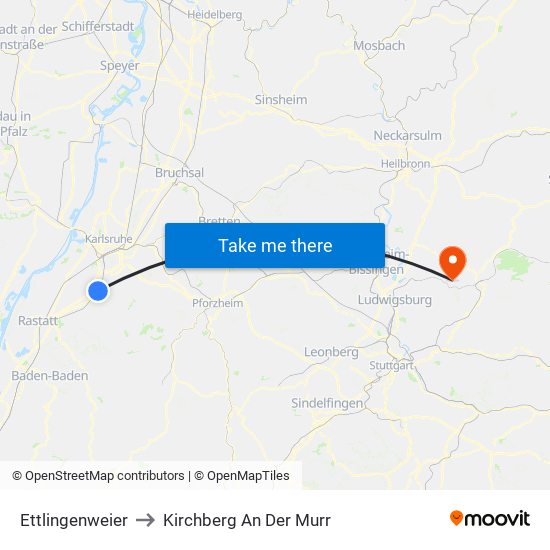 Ettlingenweier to Kirchberg An Der Murr map