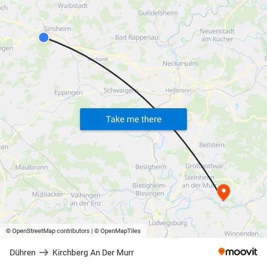 Dühren to Kirchberg An Der Murr map