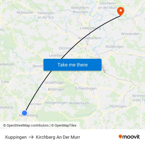 Kuppingen to Kirchberg An Der Murr map