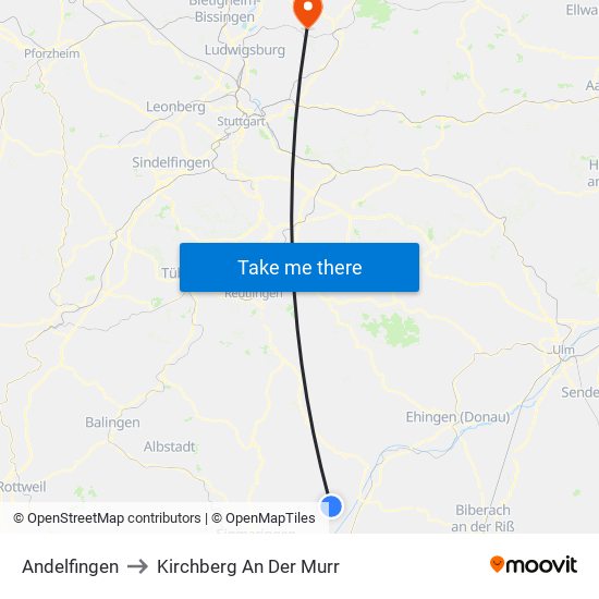 Andelfingen to Kirchberg An Der Murr map