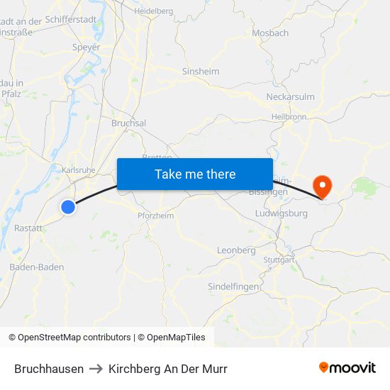 Bruchhausen to Kirchberg An Der Murr map
