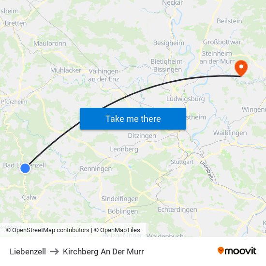 Liebenzell to Kirchberg An Der Murr map