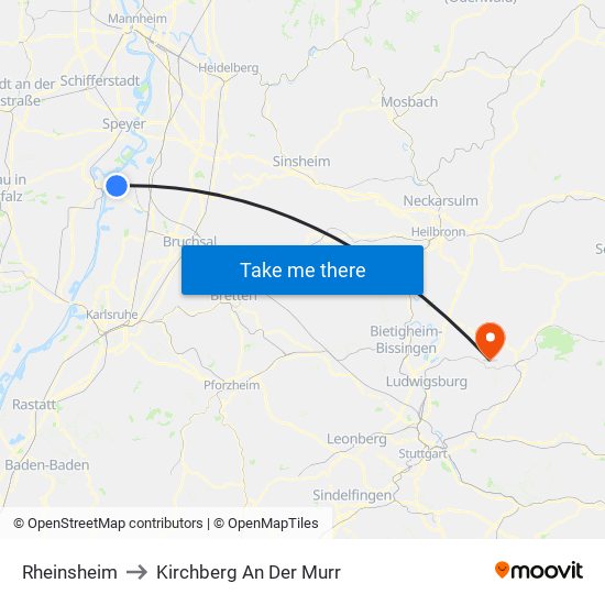 Rheinsheim to Kirchberg An Der Murr map