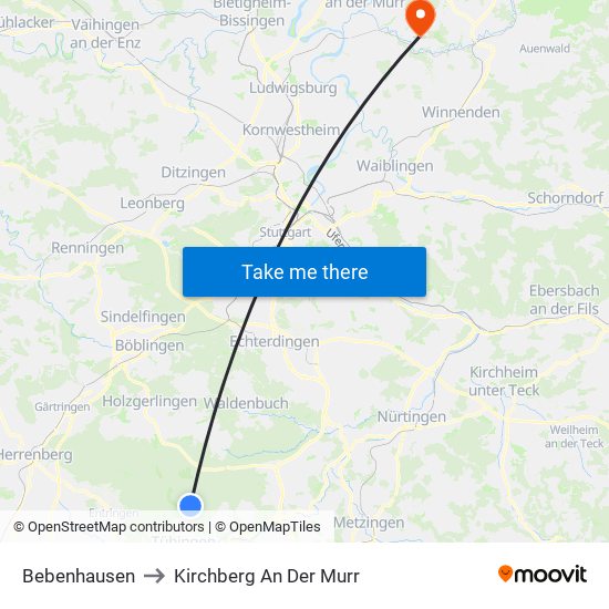Bebenhausen to Kirchberg An Der Murr map