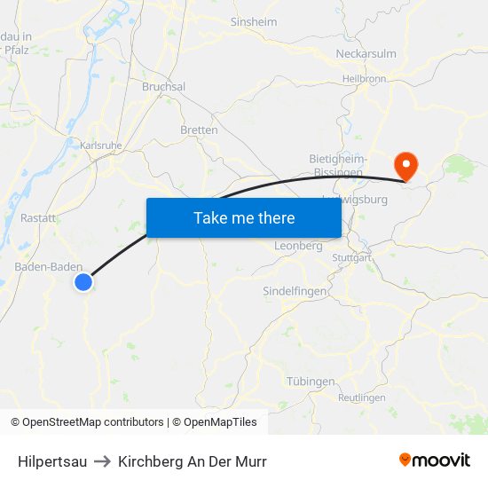 Hilpertsau to Kirchberg An Der Murr map