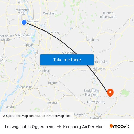 Ludwigshafen-Oggersheim to Kirchberg An Der Murr map