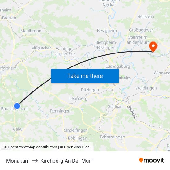 Monakam to Kirchberg An Der Murr map