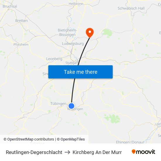 Reutlingen-Degerschlacht to Kirchberg An Der Murr map