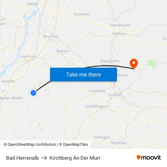 Bad Herrenalb to Kirchberg An Der Murr map