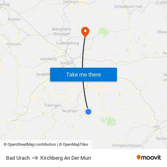 Bad Urach to Kirchberg An Der Murr map