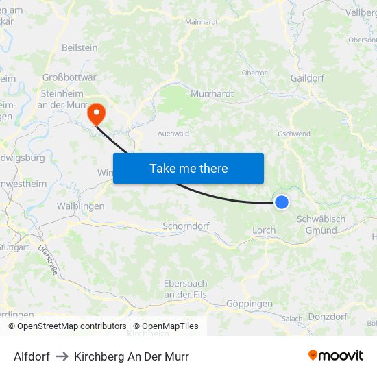 Alfdorf to Kirchberg An Der Murr map