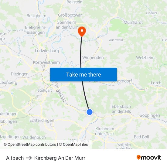 Altbach to Kirchberg An Der Murr map