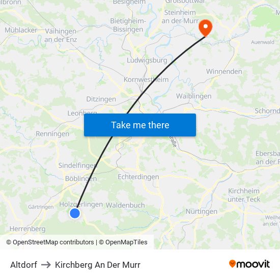 Altdorf to Kirchberg An Der Murr map