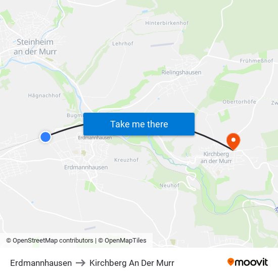 Erdmannhausen to Kirchberg An Der Murr map