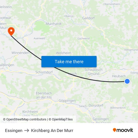 Essingen to Kirchberg An Der Murr map