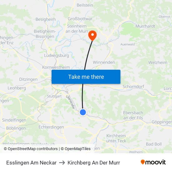 Esslingen Am Neckar to Kirchberg An Der Murr map