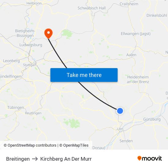 Breitingen to Kirchberg An Der Murr map