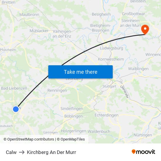 Calw to Kirchberg An Der Murr map