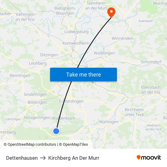 Dettenhausen to Kirchberg An Der Murr map
