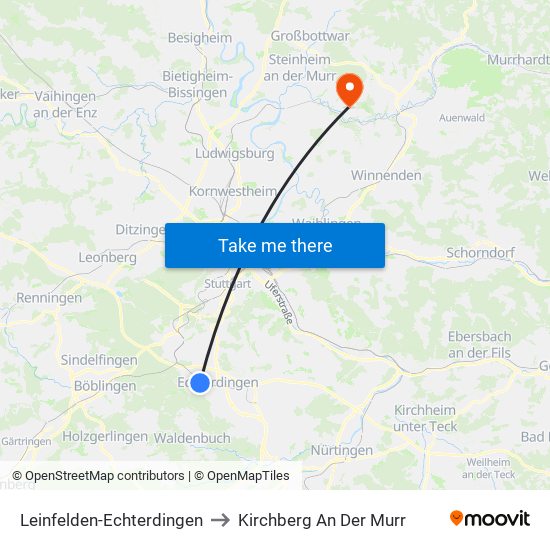 Leinfelden-Echterdingen to Kirchberg An Der Murr map