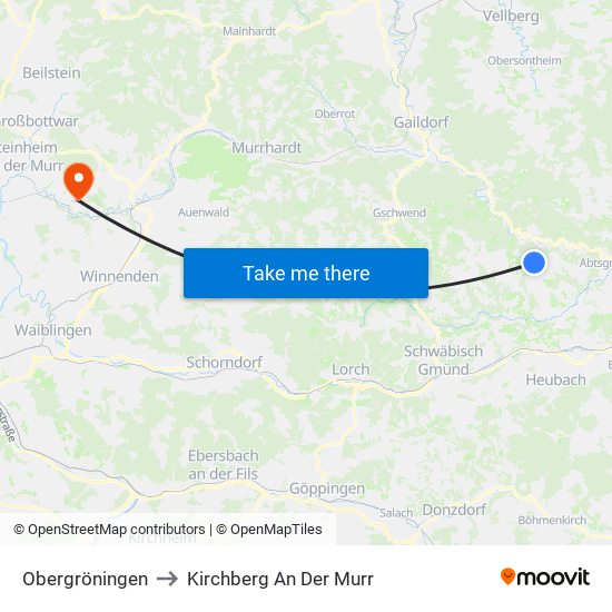 Obergröningen to Kirchberg An Der Murr map