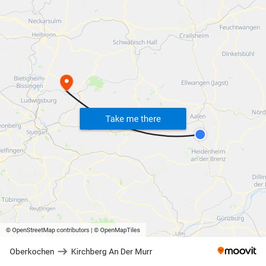 Oberkochen to Kirchberg An Der Murr map