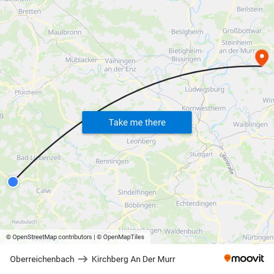 Oberreichenbach to Kirchberg An Der Murr map
