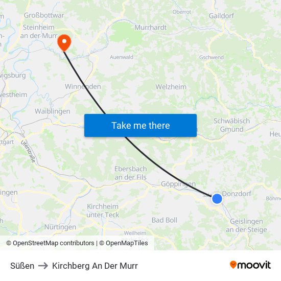 Süßen to Kirchberg An Der Murr map