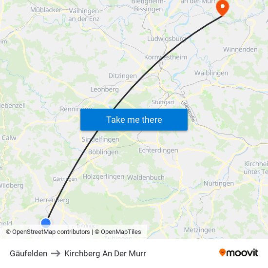 Gäufelden to Kirchberg An Der Murr map