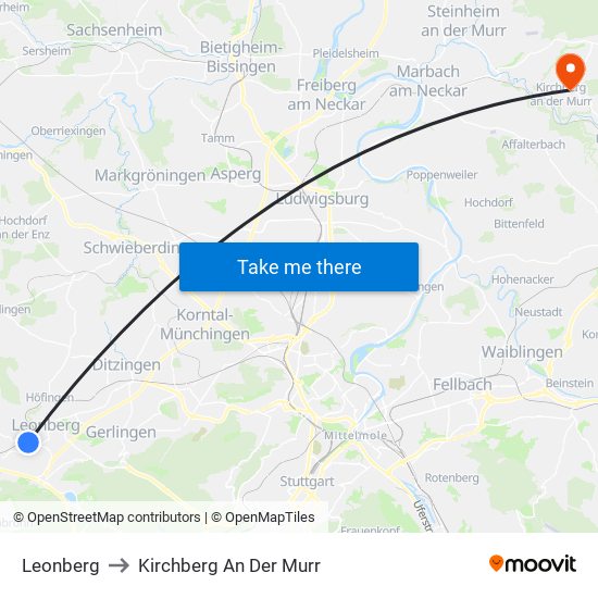 Leonberg to Kirchberg An Der Murr map