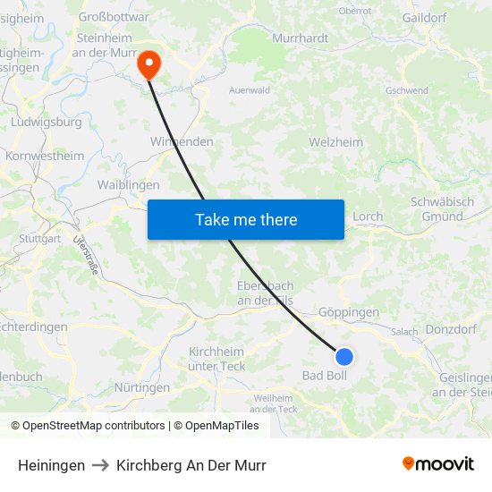 Heiningen to Kirchberg An Der Murr map